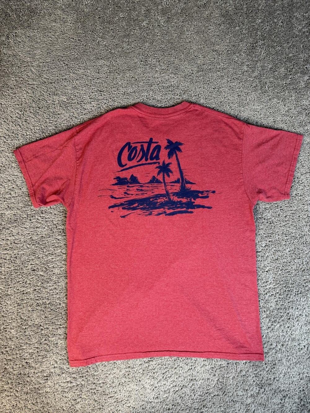 Costa Shirt Mens L Red Palm Tree Graphic Back Print Tagless Cotton Crew Neck